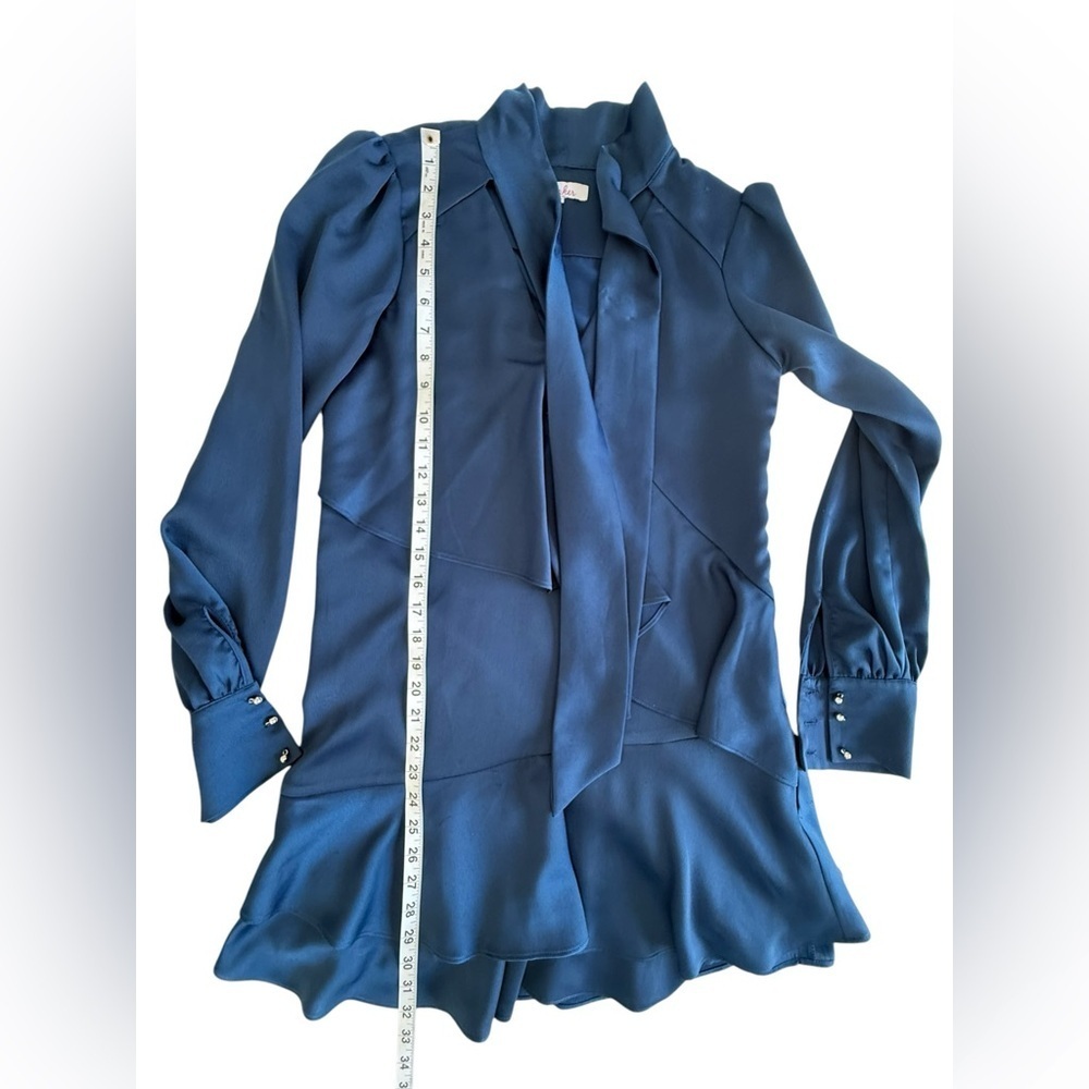 Parker Navy Blue Satin Mini Dress XS Tie Neck Long Sleeve Cascading Ruffle Hem - Picture 9 of 16